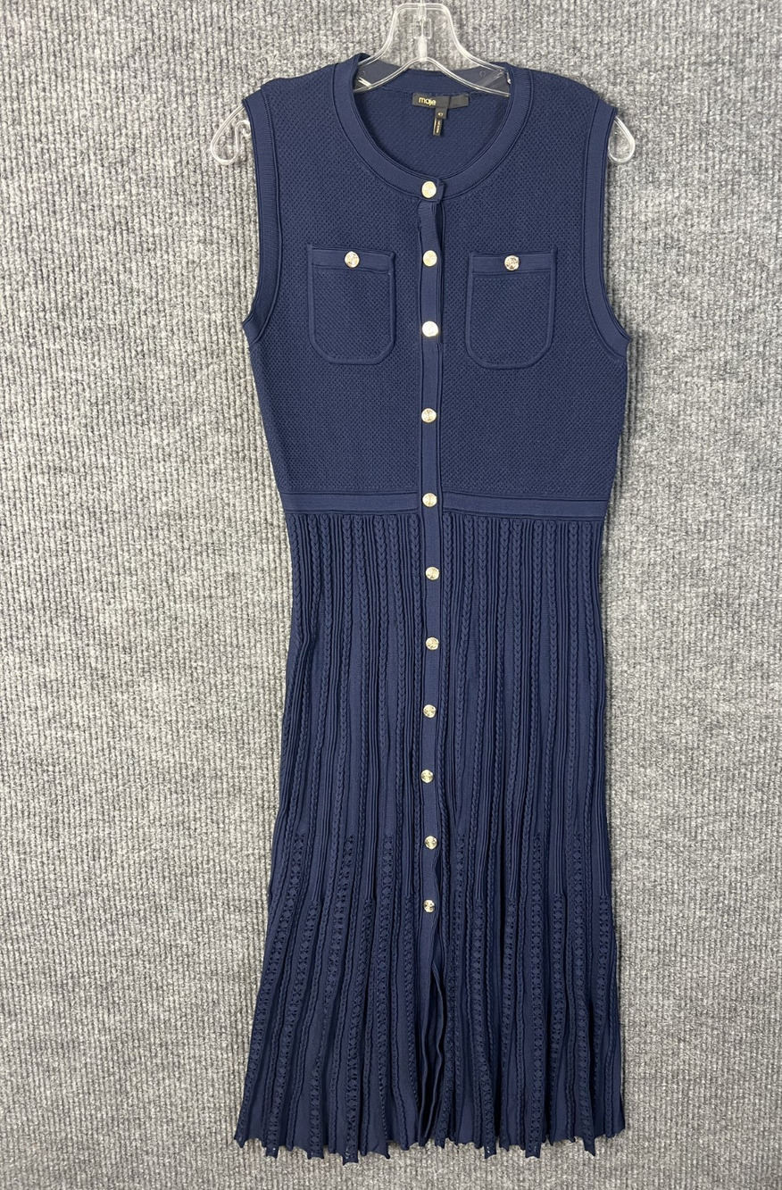 Maje Navy Sleeveless Midi Dress with Button Front